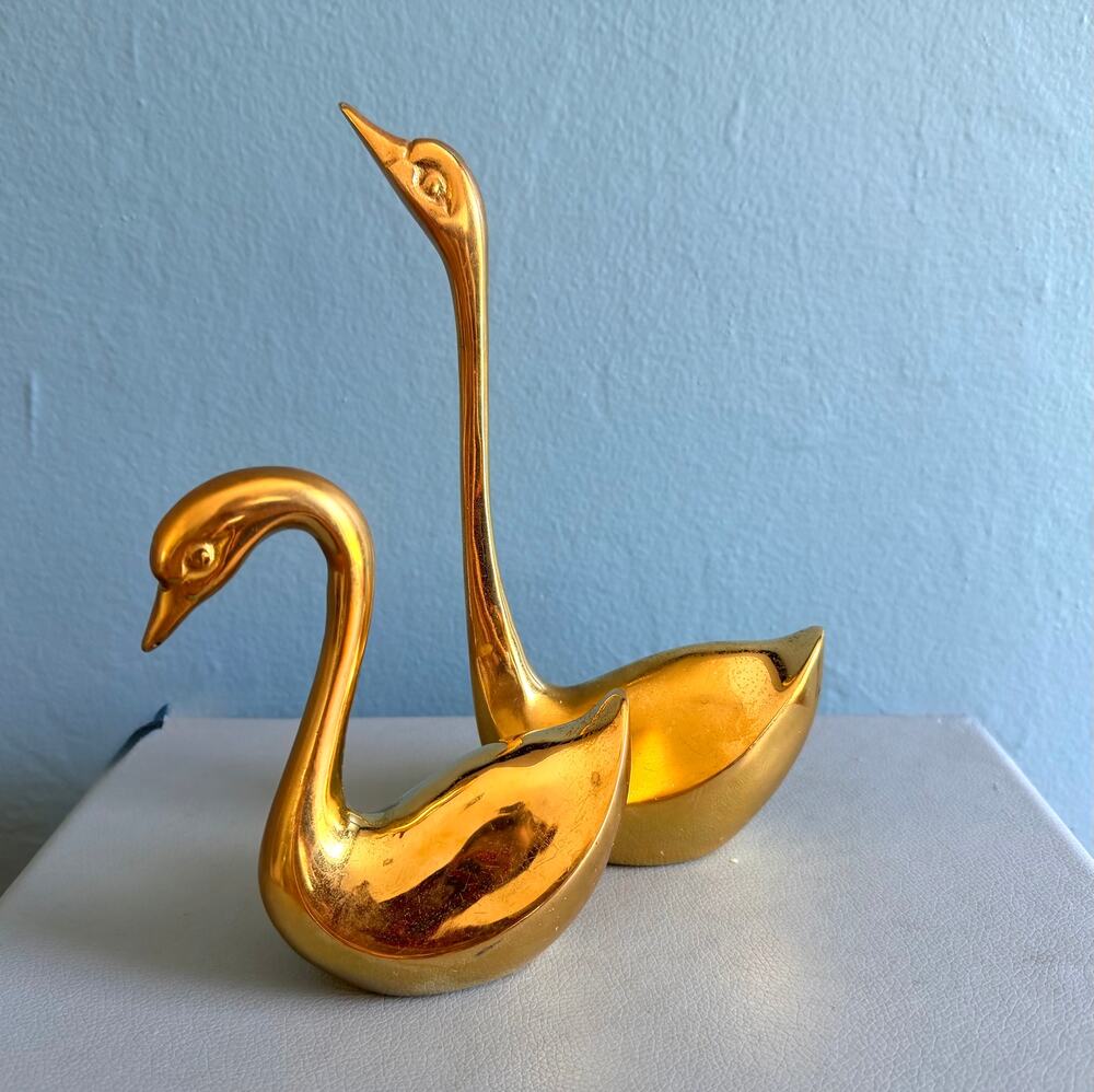 Vintage Hollywood Regency Gold Swan Figurines Pair 9" and 5.5" Tall Retro